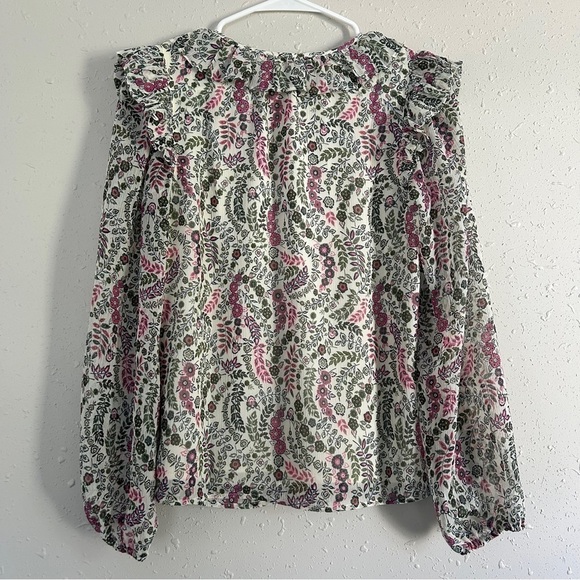 LOFT Cream Pink Green Floral Ruffle Long Sleeve Blouse XS Spring - Picture 4 of 6
